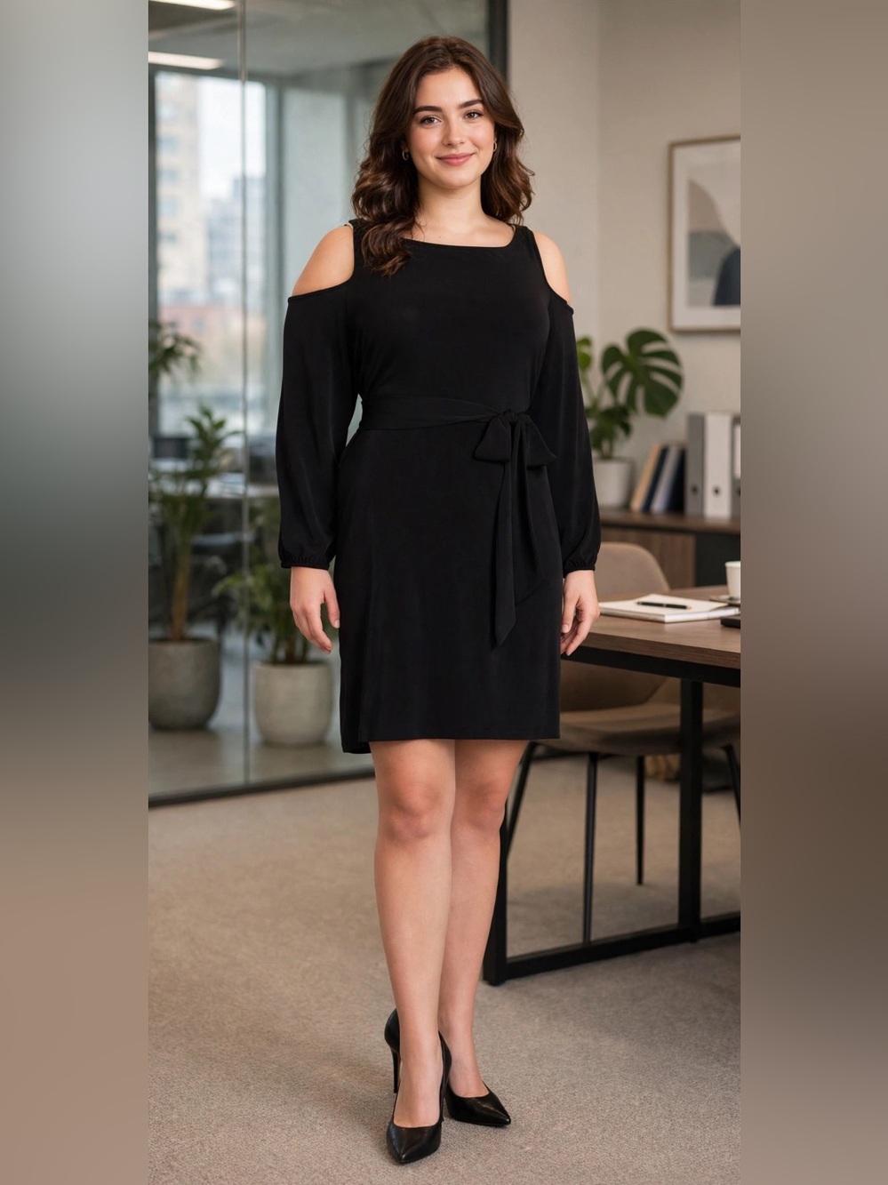 IVANKA TRUMP Black Long Sleeves Dress w/Cold Shoulders w/Belt  (Plus-1X)  NWT